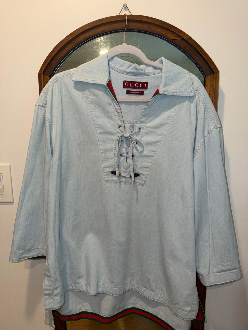 Gucci Lace-Up Chambray Tunic with Green and Red Stripe Trim Size 42